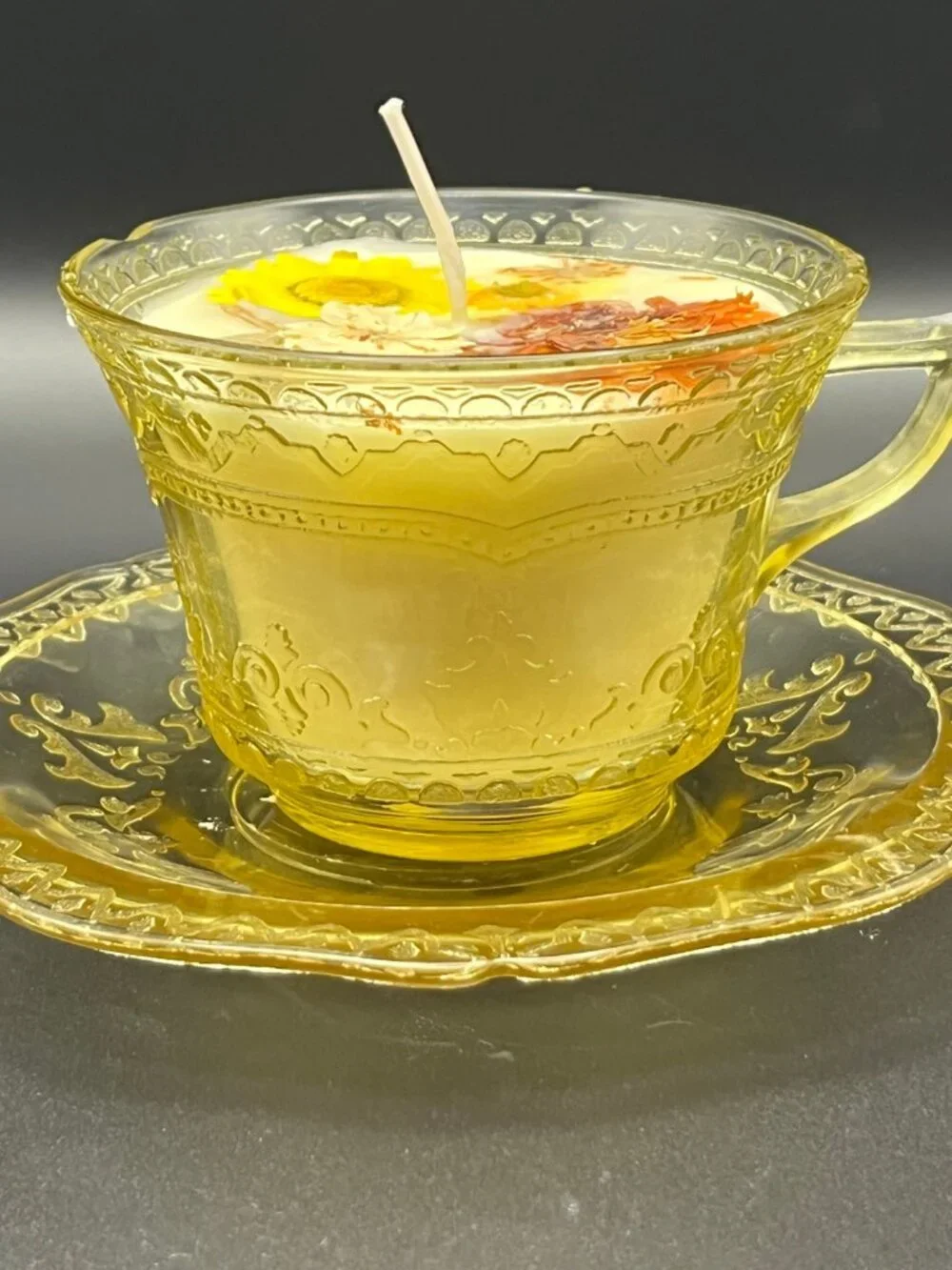 Amber Floral Glass Teacup Candle with Saucer